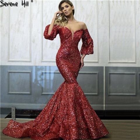 On Sale No Return No Refund Sale Dubai Red Sequined Off Shoulder Sexy Evening Dresses 2025 Latest Design Mermaid Long Sleeves Luxury Evening Gowns LA60993
