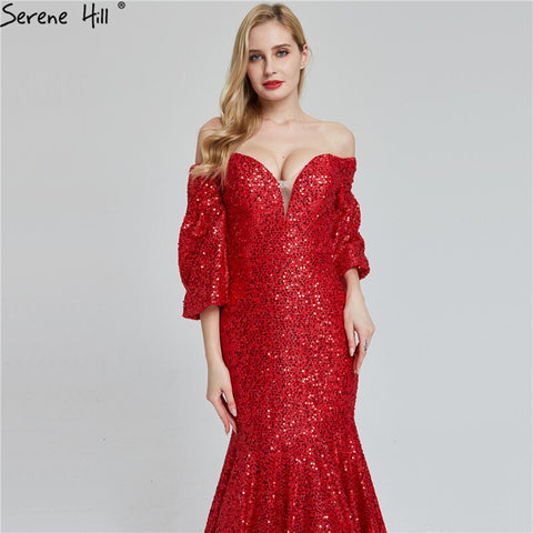 On Sale No Return No Refund Sale Dubai Red Sequined Off Shoulder Sexy Evening Dresses 2025 Latest Design Mermaid Long Sleeves Luxury Evening Gowns LA60993