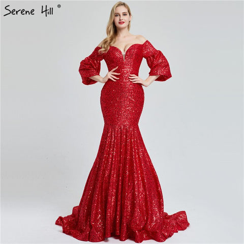 On Sale No Return No Refund Sale Dubai Red Sequined Off Shoulder Sexy Evening Dresses 2025 Latest Design Mermaid Long Sleeves Luxury Evening Gowns LA60993