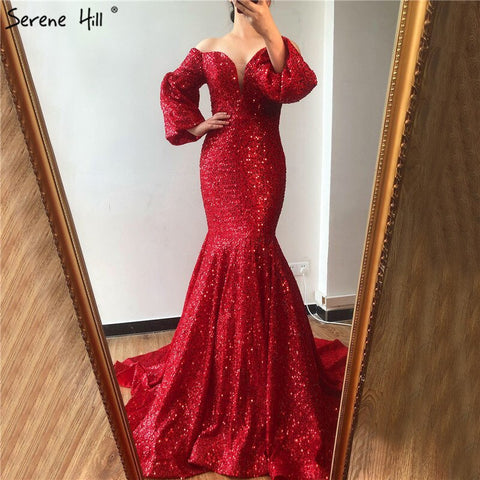 On Sale No Return No Refund Sale Dubai Red Sequined Off Shoulder Sexy Evening Dresses 2025 Latest Design Mermaid Long Sleeves Luxury Evening Gowns LA60993