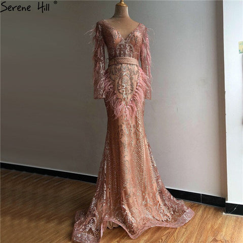 On Sale No Return No Refund Sale Dubai Rose Gold Mermaid Sexy Evening Dresses 2025 Luxury Feathers Beading Sparkle Formal Dress LA60902