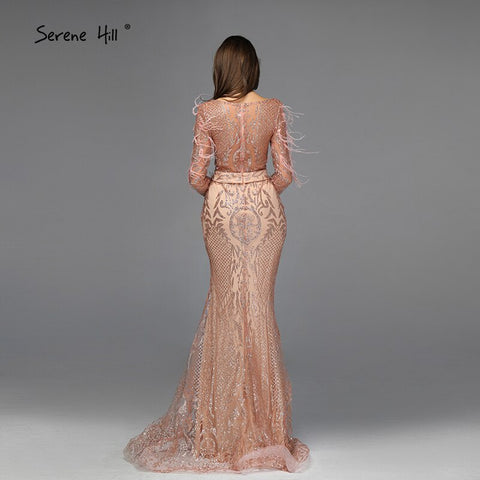 On Sale No Return No Refund Sale Dubai Rose Gold Mermaid Sexy Evening Dresses 2025 Luxury Feathers Beading Sparkle Formal Dress LA60902