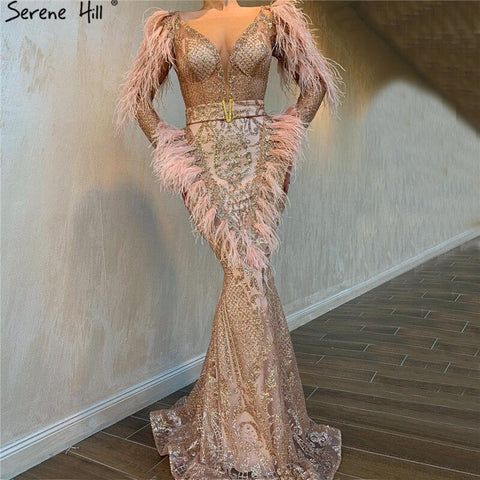 On Sale No Return No Refund Sale Dubai Rose Gold Mermaid Sexy Evening Dresses 2025 Luxury Feathers Beading Sparkle Formal Dress LA60902