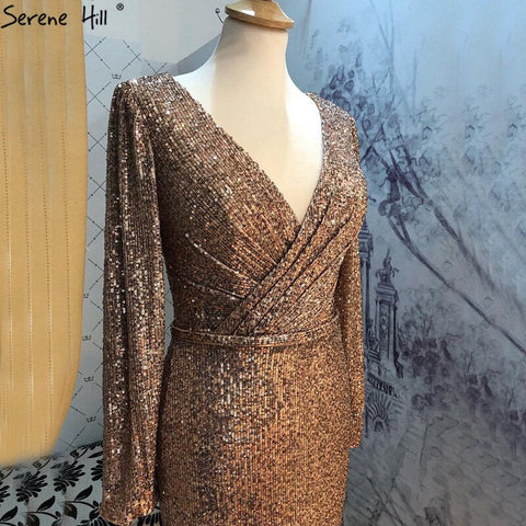 On Sale No Return No Refund Dubai Rose Gold Sequined V-Neck Evening Dresses 2025 Luxury Long Sleeves Sparkle Formal Dress LA60970