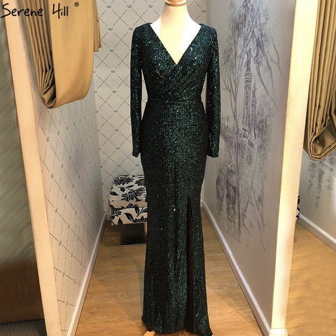 On Sale No Return No Refund Dubai Rose Gold Sequined V-Neck Evening Dresses 2025 Luxury Long Sleeves Sparkle Formal Dress LA60970