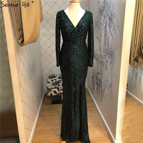 On Sale No Return No Refund Dubai Rose Gold Sequined V-Neck Evening Dresses 2025 Luxury Long Sleeves Sparkle Formal Dress LA60970