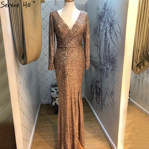 On Sale No Return No Refund Dubai Rose Gold Sequined V-Neck Evening Dresses 2025 Luxury Long Sleeves Sparkle Formal Dress LA60970