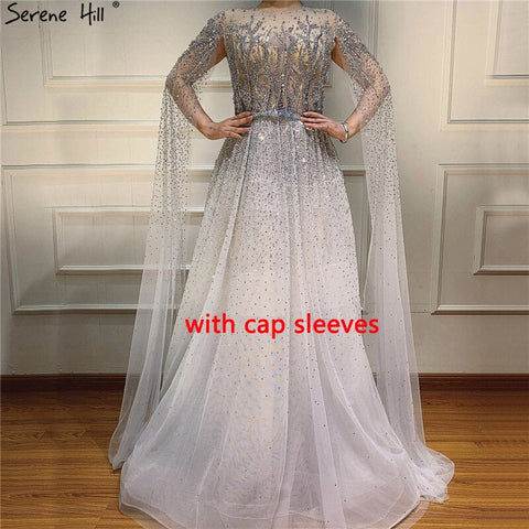 Dubai Silver Grey Long Sleeves Evening Dresses 2025 Luxury A-Line Sexy Fromal Dress Design LA60869