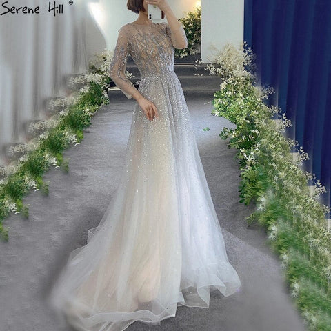 Dubai Silver Grey Long Sleeves Evening Dresses 2025 Luxury A-Line Sexy Fromal Dress Design LA60869