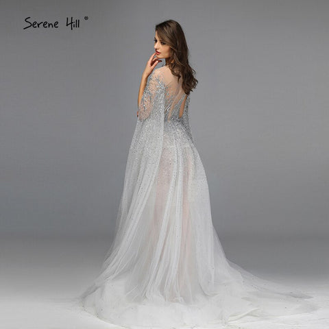 Dubai Silver Grey Long Sleeves Evening Dresses 2025 Luxury A-Line Sexy Fromal Dress Design LA60869