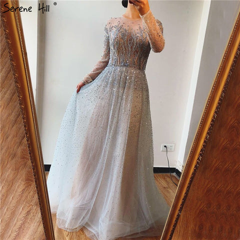 Dubai Silver Grey Long Sleeves Evening Dresses 2025 Luxury A-Line Sexy Fromal Dress Design LA60869