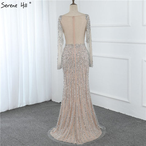 Dubai Silver O-Neck Mermaid Evening Dresses Design 2025 Luxury Long Sleeves Sequins Beading Evening Gown LA70249