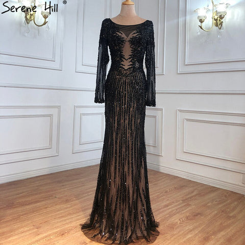 Dubai Silver O-Neck Mermaid Evening Dresses Design 2025 Luxury Long Sleeves Sequins Beading Evening Gown LA70249