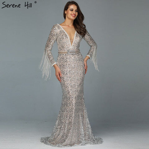 On Sale no return no refundSale Dubai Silver V-Neck Tassel Beading Mermaid Evening Dresses 2025 Long Sleeve  Luxury Sexy Evening Gowns LA60770