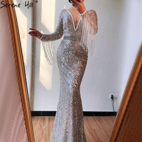 On Sale no return no refundSale Dubai Silver V-Neck Tassel Beading Mermaid Evening Dresses 2025 Long Sleeve  Luxury Sexy Evening Gowns LA60770