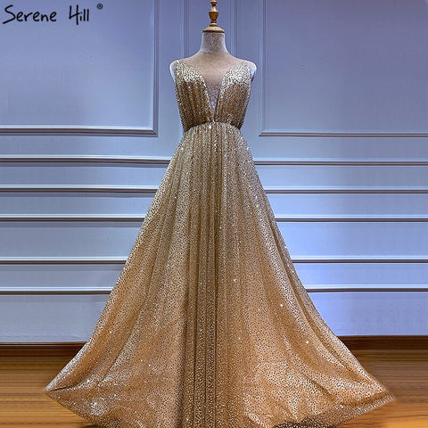 Dubai V-Neck Backless Glitter Sexy  Prom Dresses Champagne Vintage Beach Evening Gowns 2025 LA60752