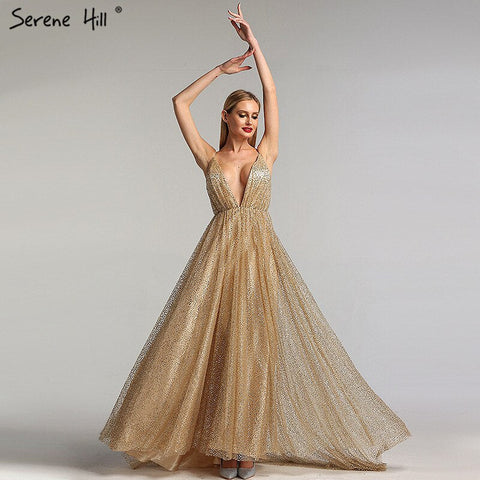 Dubai V-Neck Backless Glitter Sexy  Prom Dresses Champagne Vintage Beach Evening Gowns 2025 LA60752