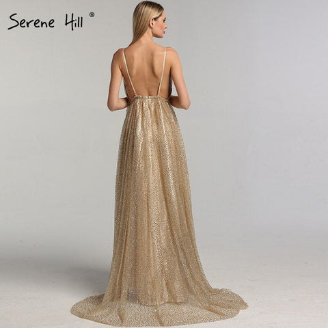 Dubai V-Neck Backless Glitter Sexy  Prom Dresses Champagne Vintage Beach Evening Gowns 2025 LA60752