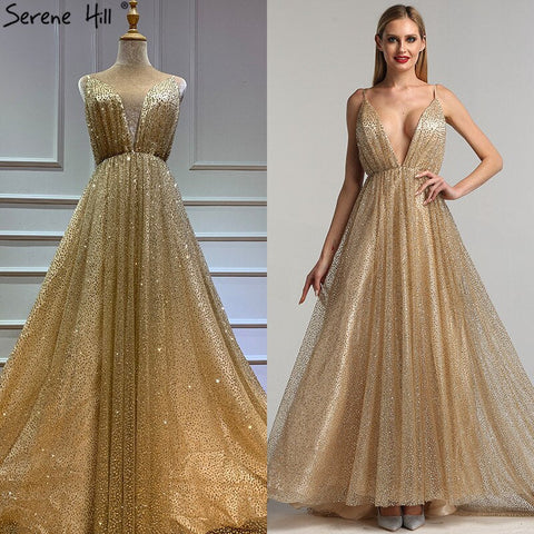 Dubai V-Neck Backless Glitter Sexy  Prom Dresses Champagne Vintage Beach Evening Gowns 2025 LA60752