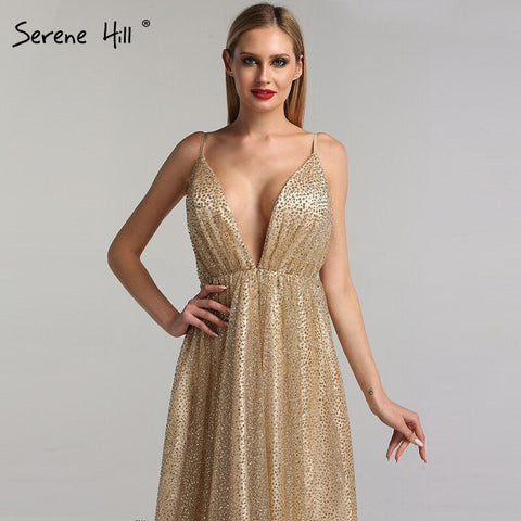 Dubai V-Neck Backless Glitter Sexy  Prom Dresses Champagne Vintage Beach Evening Gowns 2025 LA60752