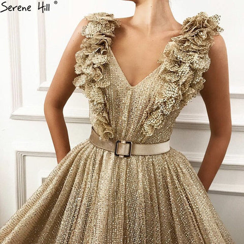 On Sale No Return No Refund Dubai V-Neck Sleeveless Luxury Evening Gown Designs 2025 Sequined Sashes Sexy Tulle Evening Dresses LA60796