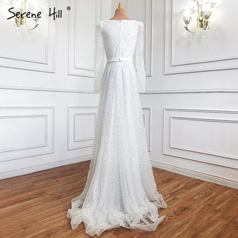 Dubai White A-Line Sexy Luxury Evening Dresses 2025 Beading Long Sleeve Sexy Formal Dress LA70271