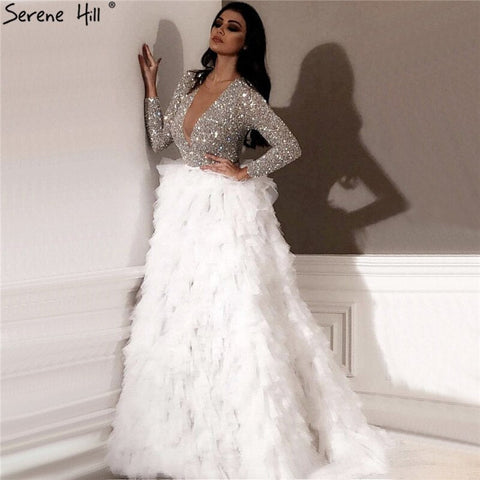 Dubai White Long Sleeves Luxury Evening Dresses 2025 V-Neck Sexy Sequined Tiered Evening Gowns LA6574