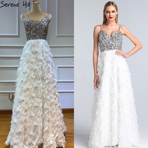 On Sale No Return No Refund Sale Dubai White V-Neck Backless Luxury Evening Dresses 2025 Sleevleess Sequined Tiered Formal Dress LA60955