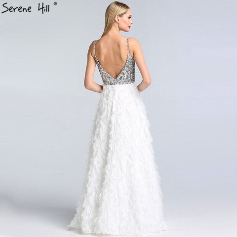On Sale No Return No Refund Sale Dubai White V-Neck Backless Luxury Evening Dresses 2025 Sleevleess Sequined Tiered Formal Dress LA60955
