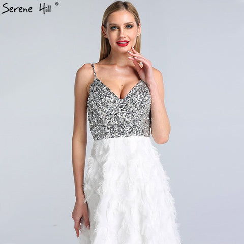 On Sale No Return No Refund Sale Dubai White V-Neck Backless Luxury Evening Dresses 2025 Sleevleess Sequined Tiered Formal Dress LA60955