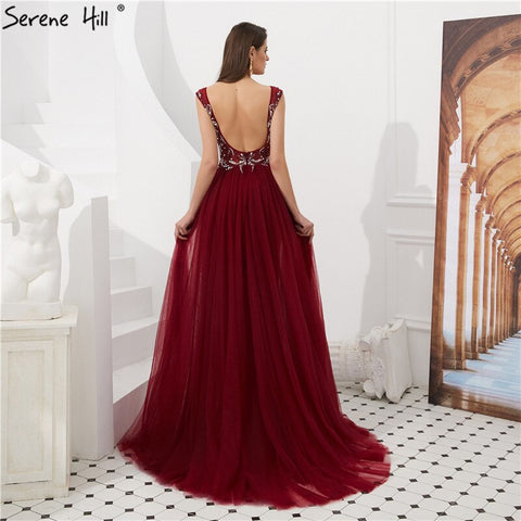 Sale Dubai Wine Red Crystal Beading Evening Dresses 2025 Backless Sexy Mermaid Fromal Evening Gowns LA60805