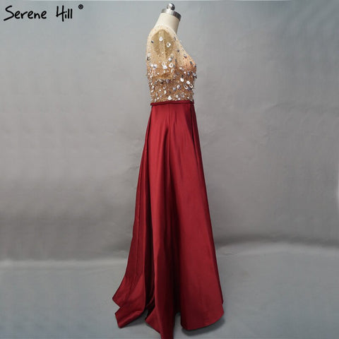 On Sale No Return No Refund Dubai Wine Red Short Sleeves Evening Dresses Design 2025 Satin Sequined Beading Beach Evening Gowns LA60740