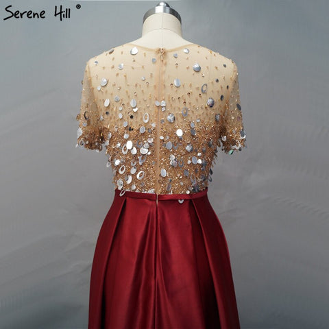 On Sale No Return No Refund Dubai Wine Red Short Sleeves Evening Dresses Design 2025 Satin Sequined Beading Beach Evening Gowns LA60740