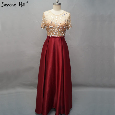On Sale No Return No Refund Dubai Wine Red Short Sleeves Evening Dresses Design 2025 Satin Sequined Beading Beach Evening Gowns LA60740