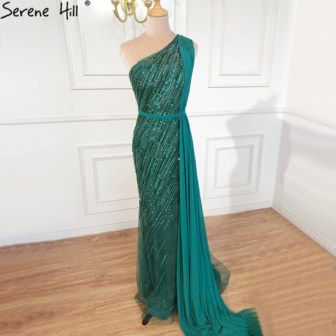 Dubai green One Shoulder Luxury Evening Dresses Mermaid Beading Suiqns Sparkle Formal Dress 2025 LA70515