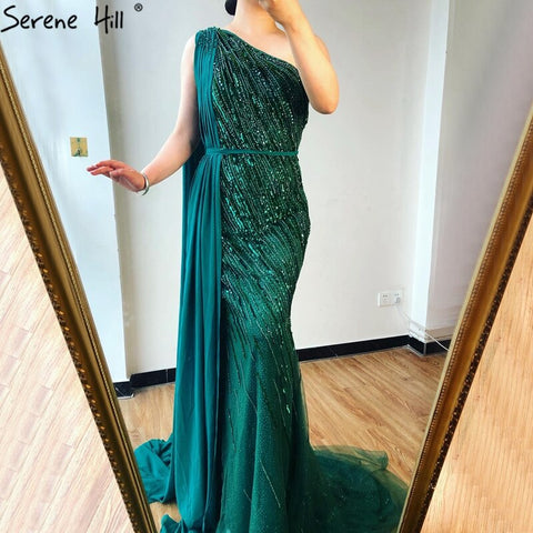 Dubai green One Shoulder Luxury Evening Dresses Mermaid Beading Suiqns Sparkle Formal Dress 2025 LA70515