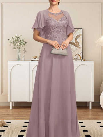 A-line Scoop Illusion Floor-Length Lace Chiffon Mother of the Bride Dress With Sequins