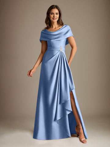 A-Line Scoop Floor-Length Stretch Satin Mother of the Bride Dress With Cascading Ruffles