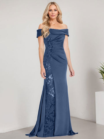 A-Line Off the Shoulder Floor-Length Mother of the Bride Dress Applique Beadings Mermaid Dress With  High Split