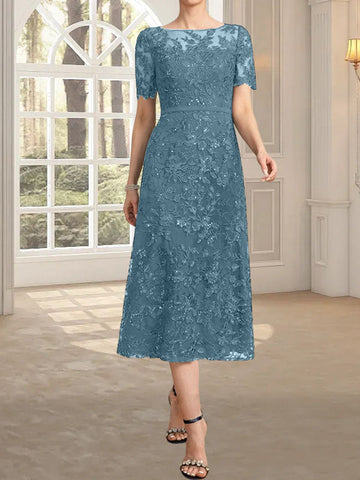 A-line Scoop Illusion Tea-Length Lace Mother of the Bride Dress With Sequins