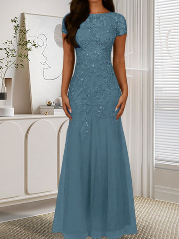 Dark Navy Mermaid Scoop Sequins Tulle Dress