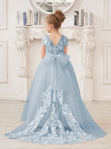 A-line Lace Tulle Sweep Train Pink Flower Girl Dress