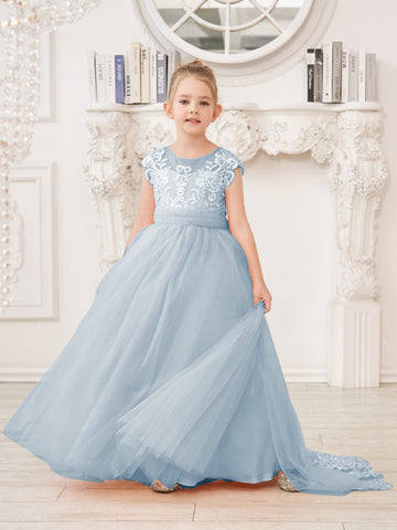 A-line Lace Tulle Sweep Train Pink Flower Girl Dress