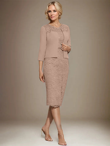 Sheath/Column Scoop Knee-Length Chiffon Lace Mother of the Bride Dress With Beading