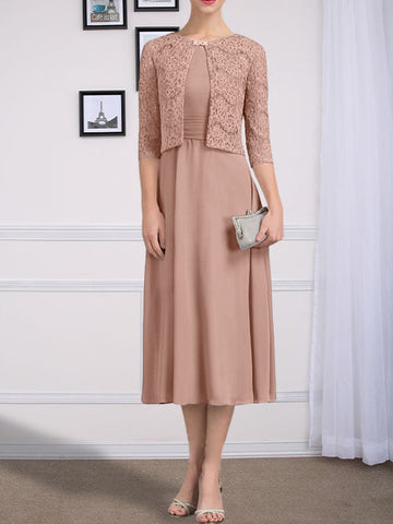 A-line Scoop Tea-Length Chiffon Mother of the Bride Dress With Pleated