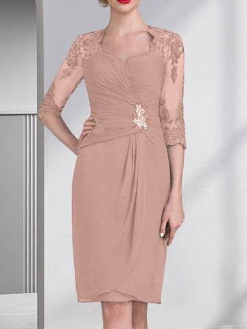 Sheath/Column Sweetheart Knee-Length Chiffon Mother of the Bride Dress With Beading Appliques Lace Sequins Pleated