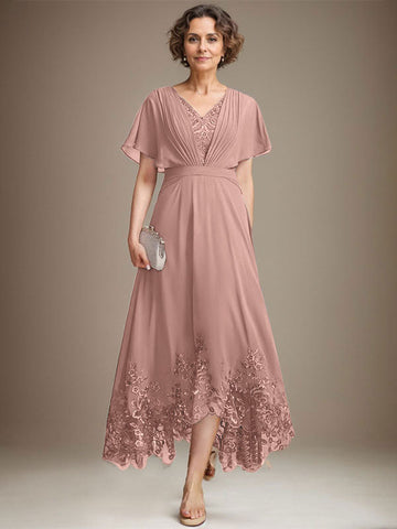 A-line V-Neck Asymmetrical Lace Chiffon Mother of the Bride Dress With Pleated