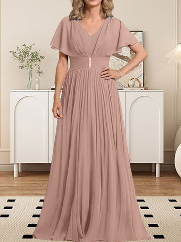 A-line V-Neck Floor-Length Chiffon Mother of the Bride Dress With Crystal Brooch Pleated