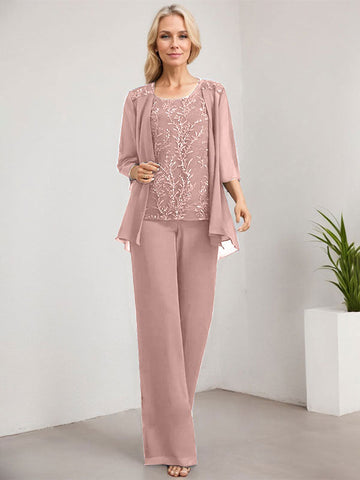 Separates Jumpsuit/Pantsuit Scoop Floor-Length Lace Chiffon Mother of the Bride Dress With Sequins