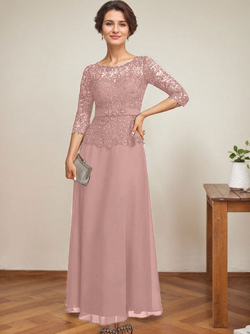 A-line Scoop Illusion Ankle-Length Chiffon Lace Mother of the Bride Dress With Rhinestone Beading